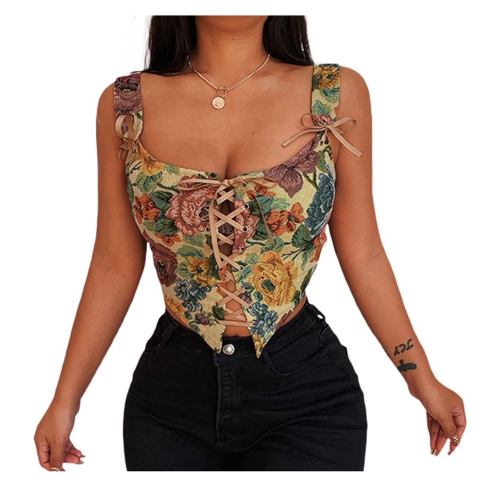 Women Vintage Floral Print Vest Corset Bustier Strap Lace Push Up Cami Crop Top